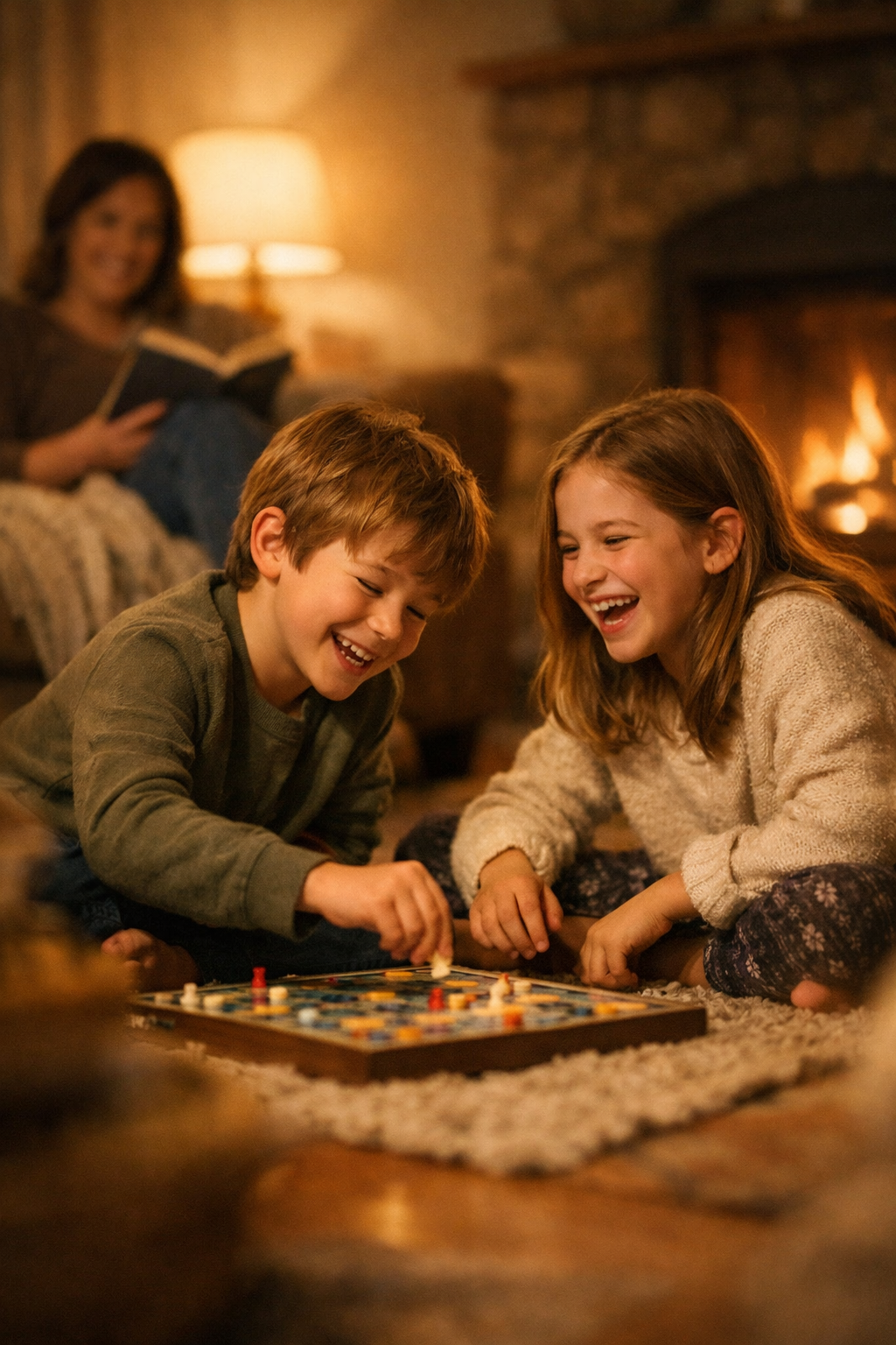 Family board game by fireplace