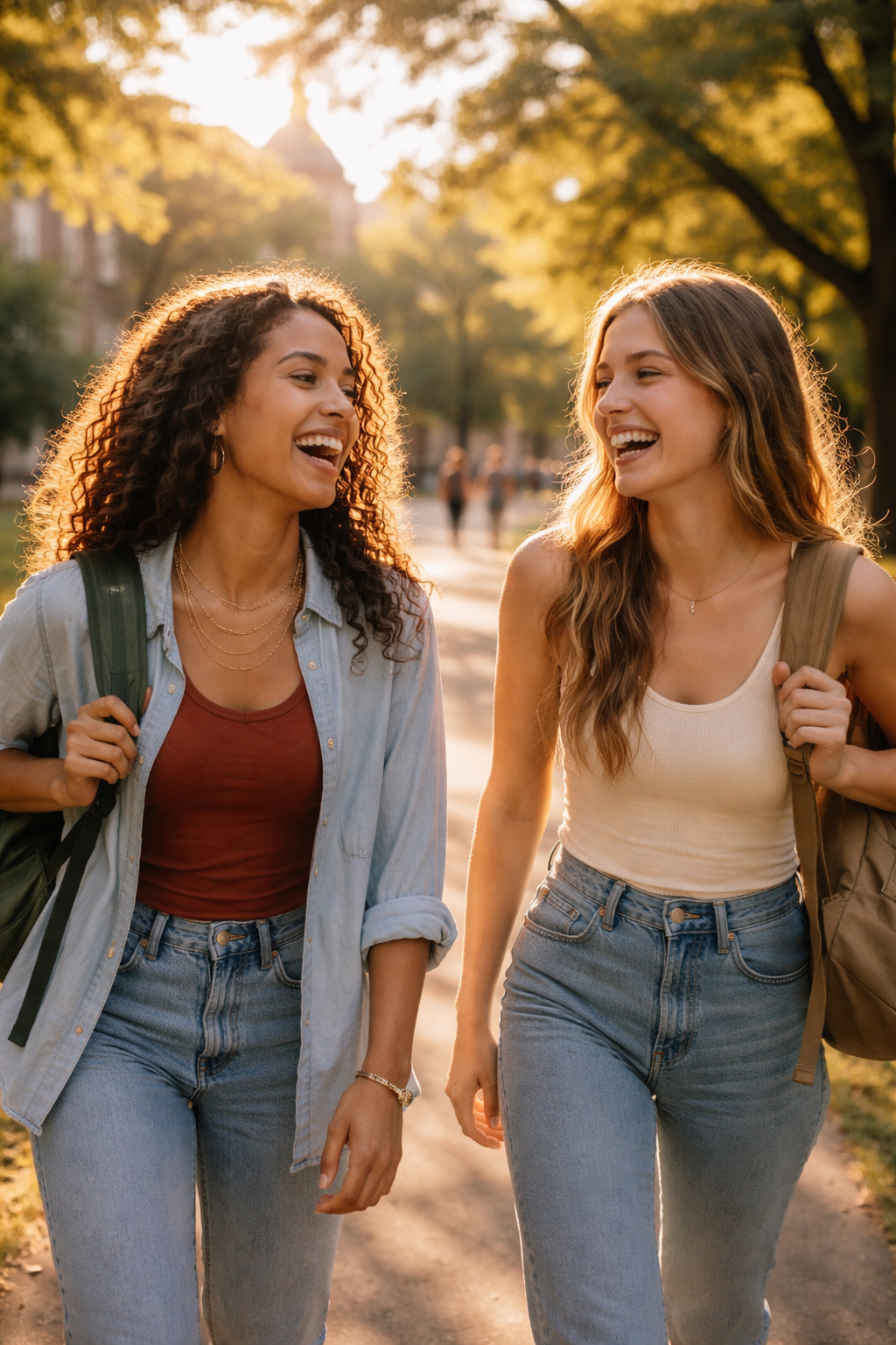 Friends laughing in the park at golden hour
